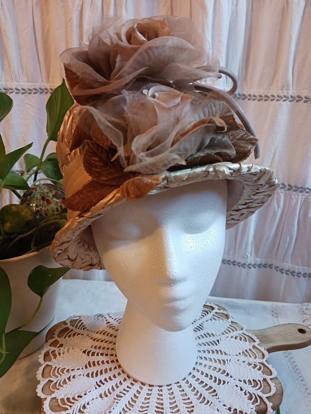 Vintage 60s Felix Cream Color Woven Straw Hat Brown Floral Formal Church Wedding